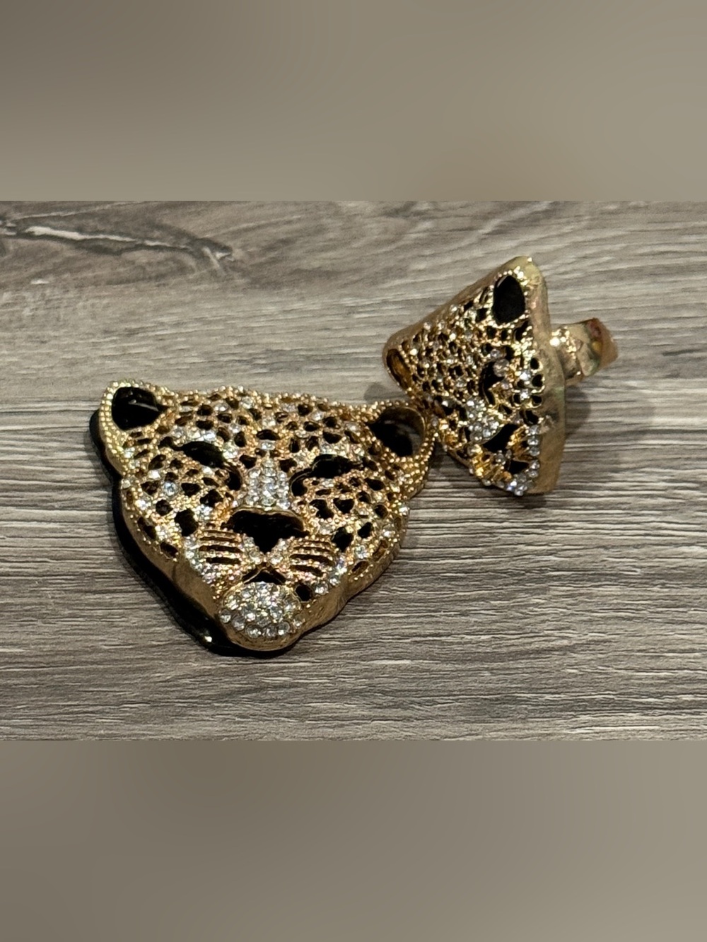 Gold Leopard Head Pendant & Ring Set - Black and Clear Accents - Like New
